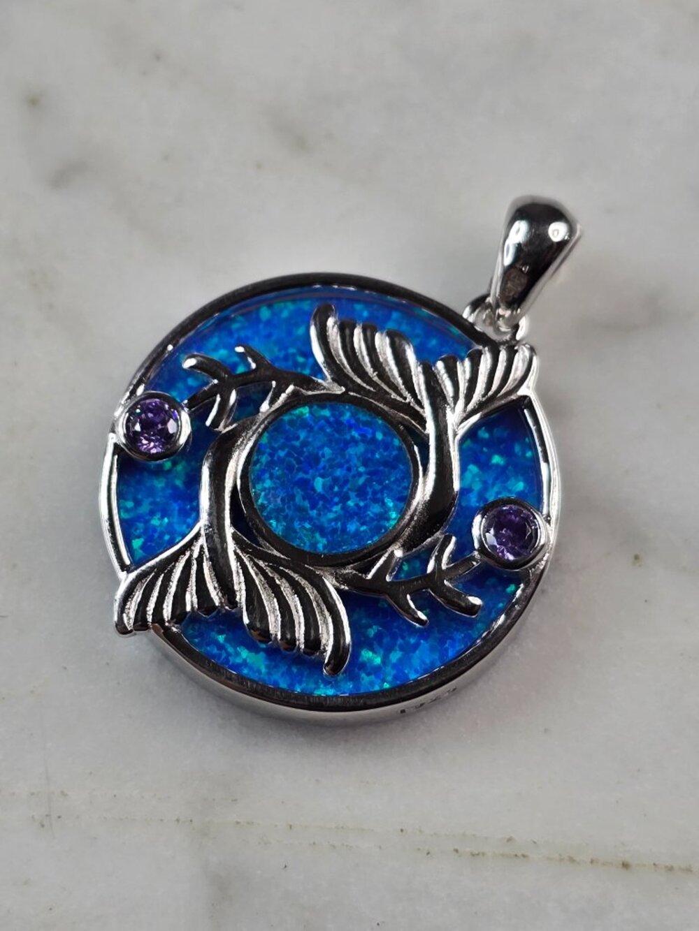 Womens Sterling Silver Blue Opal Koi Fish Pendant 4.5g E2302